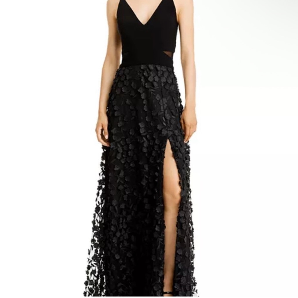 Aqua Black V-Neck Maxi Dress with Floral Appliqué Skirt